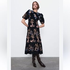 Zara Black Embroidered Puff Sleeve Midi Dress Size Small Long Summer Dress